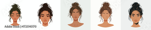 Vector Avatar of a woman's face with hair tied in a messy bun, white skin, relaxed expression