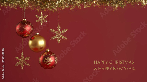 Festive red and gold christmas ornaments and snowflake decorations hanging against a deep red background with holiday greetings silhouette