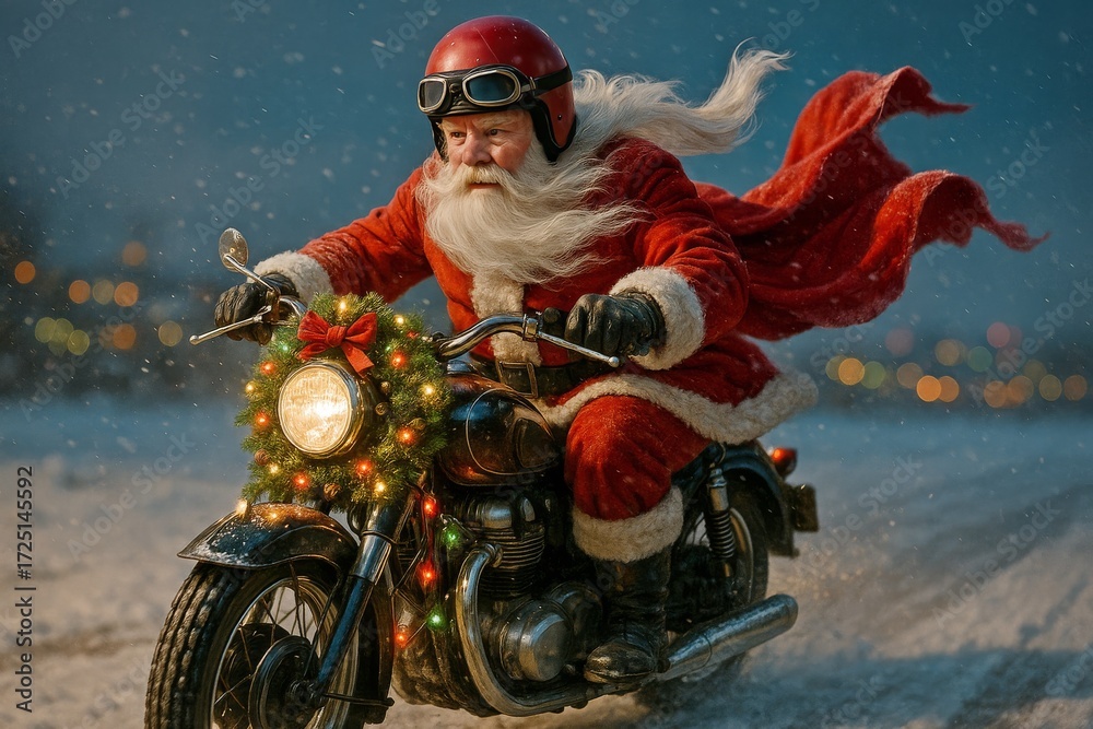 Obraz premium Santa claus drives motorcycle decorated with glowing christmas lights in snowy evening. motorbike adventure. Christmas santa claus rides motor bike through winter forest. Seasonal holiday background