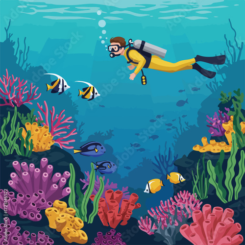 Underwater scene with diver, coral reefs, and fish in blue waters