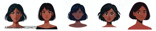 Vector Avatar of a woman's face with asymmetrical bob hair, dark skin, confident expression