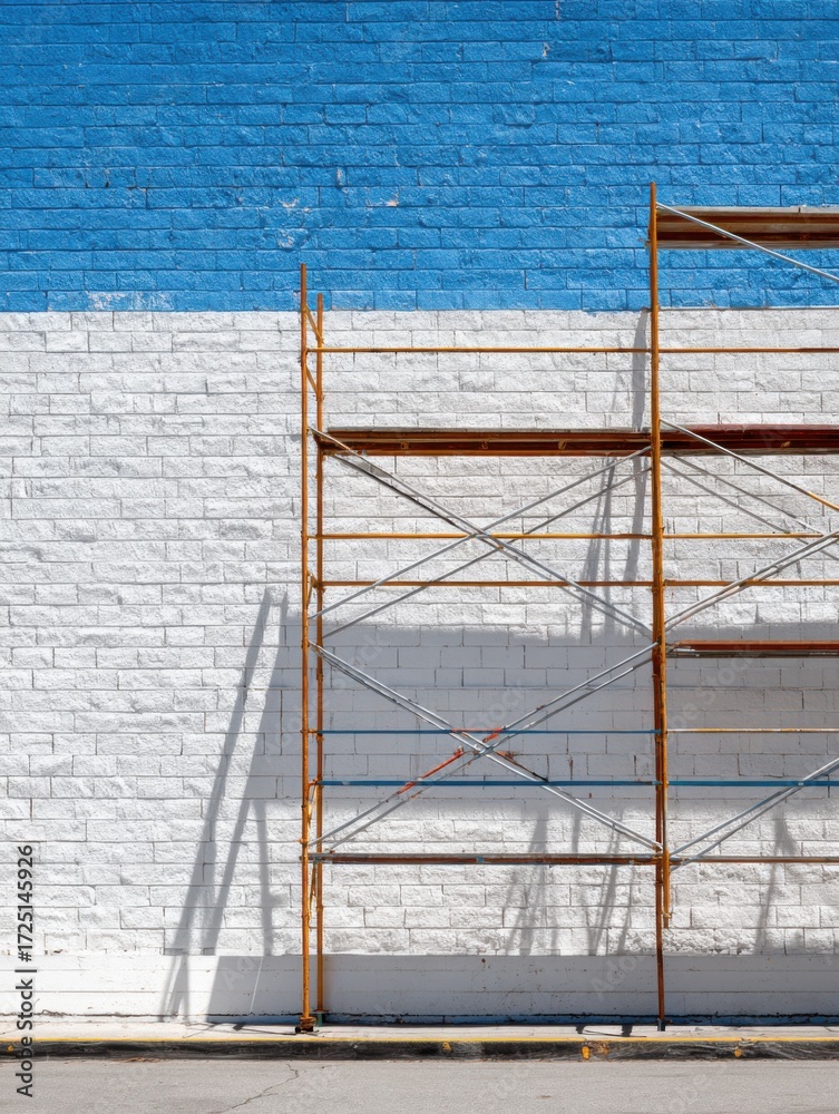 Fototapeta premium Scaffolding Against a Freshly Painted Blue and White Wall in a Construction Zone
