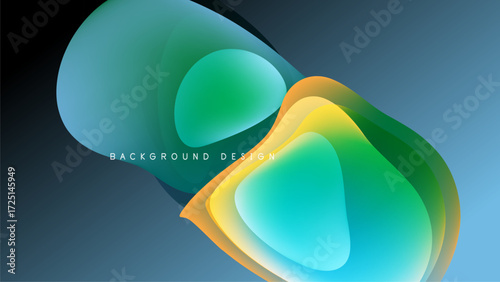 Abstract fluid shapes overlap, creating vibrant color gradients. Design features teal, orange, yellow hues against dark background.