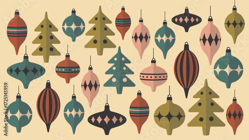 Retro mid century modern christmas ornaments silhouette collection featuring trees and baubles in a vintage style