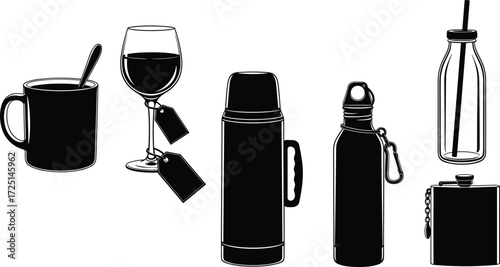 Black silhouette collection of coffee mug, wine glass, thermos, water bottle, glass bottle, and hip flask icons for drinkware, beverages