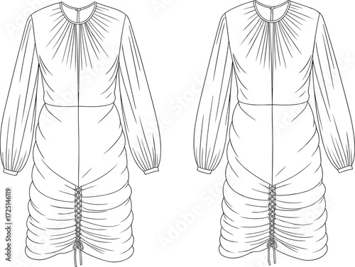 Women’s ruched dress, long gathered sleeves, round neckline pleats, drawstring front detail, fashion flat sketch, CAD apparel drawing, vector clothing design
