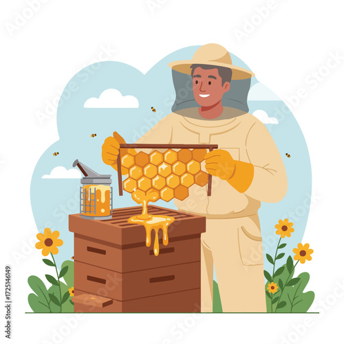 Beekeeper holding honeycomb with dripping honey standing near stacked hive