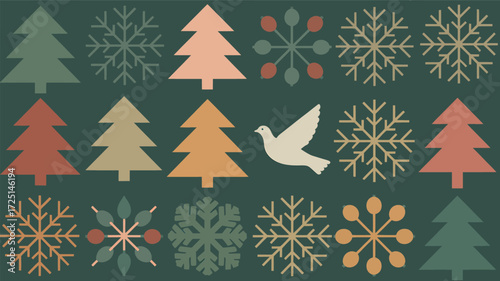 A festive collection of stylized christmas trees and snowflakes in a repeating pattern with a dove silhouette on a dark green background
