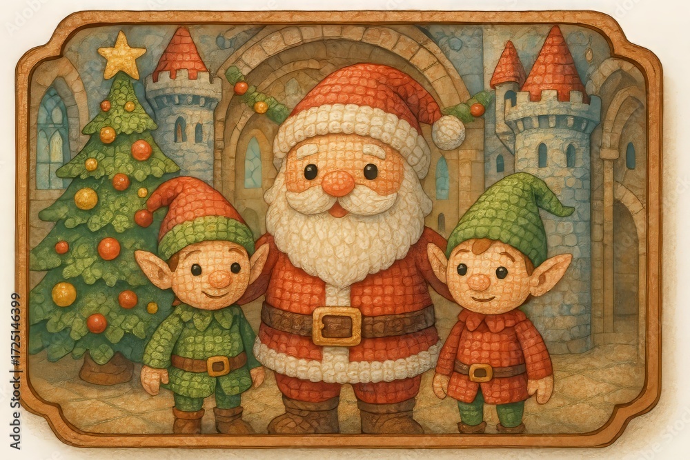 Fototapeta premium mosaic Santa Claus with two cheerful little elves, all wearing Christmas costumes, on background of Christmas tree and ancient castle. Santa Claus with his assistants, New Year's animation composition