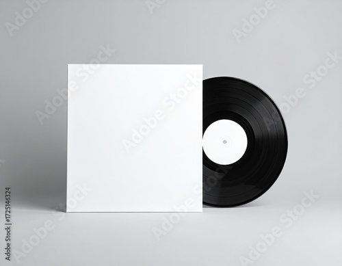 Blank white record album cover and black vinyl record