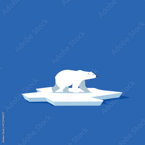 Polar bear stands on a small ice floe against dark blue background