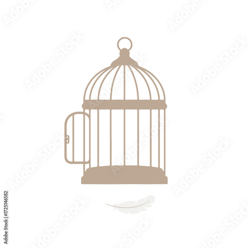 Simple beige birdcage with open door, and a white feather below