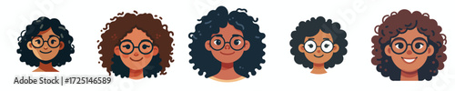 Vector Avatar of a woman's face with big round glasses, curly hair, brown skin
