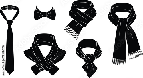 Black silhouette collection of necktie, bow tie, and scarf styles showcasing formal fashion accessories, outfit icons, and stylish wardrobe elements