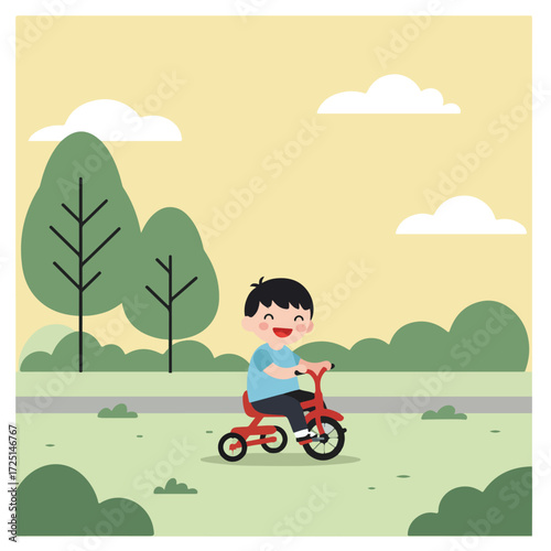 Joyful boy riding a red tricycle in a sunny park, trees and clouds in the background