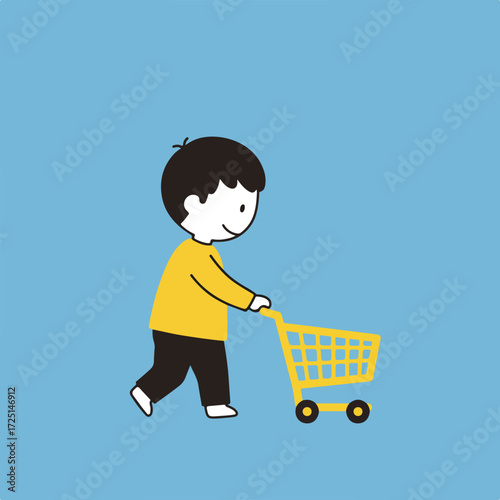 Cartoon boy pushing a yellow shopping cart on a light blue background