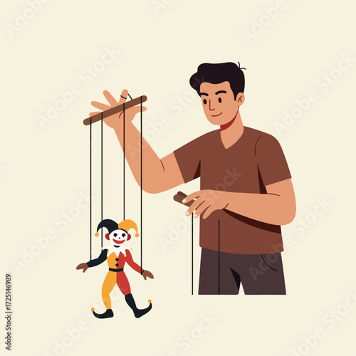 Man manipulates harlequin puppet with strings, neutral background, simple style