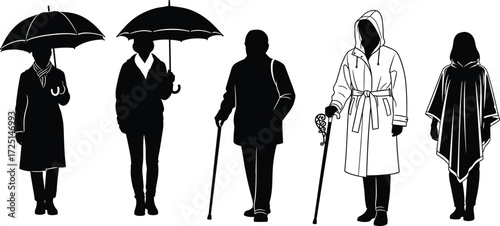 Black silhouette collection of people in coats, ponchos, trench coats, umbrellas, and canes showcasing outerwear, fashion, weather protection, style