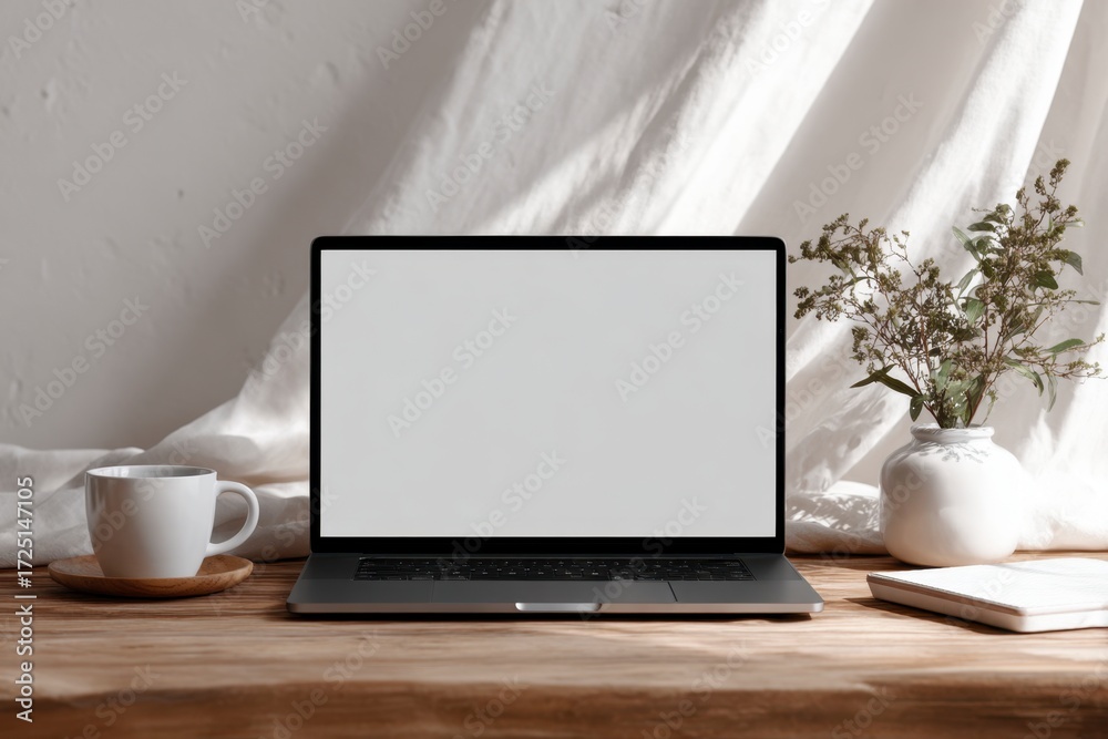 Fototapeta premium Minimalist workspace with laptop, cup, and decorative elements
