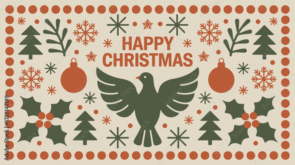 Obraz premium Festive folk art inspired christmas card design featuring a central dove silhouette surrounded by trees snowflakes holly and ornaments silhouette