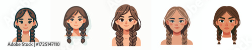 Vector Avatar of a woman's face with long hair in two braids, white skin, sweet expression