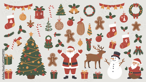 A festive collection of christmas holiday elements including a decorated tree santa claus reindeer snowman gingerbread men stockings gifts ornaments and garlands all in a charming silhouette style