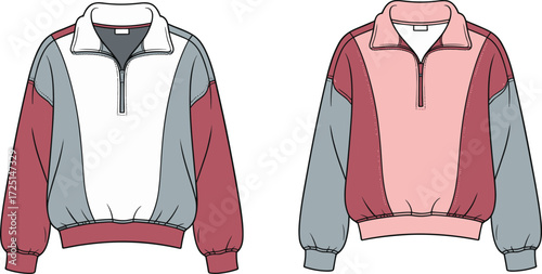 Women’s quarter zip pullover, long sleeve jacket, color block design, fashion flat sketch, CAD apparel drawing, vector clothing design illustration