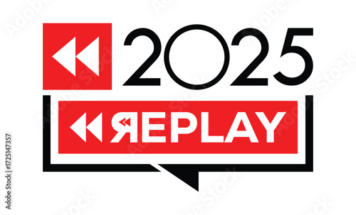Minimalist 2025 logo design with bold black numerals above a red bar. White text "REPLAY" with rewind and play symbols inside. Clean, modern, flat graphic style on white background.
