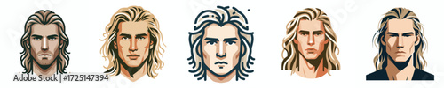 Vector Avatar of a man's face with long flowing blonde hair, light skin, serious expression