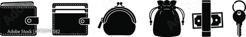 Black silhouette collection of wallets, cardholder, coin purse, money pouch, rolled bill, and key icons for finance, savings, security, banking