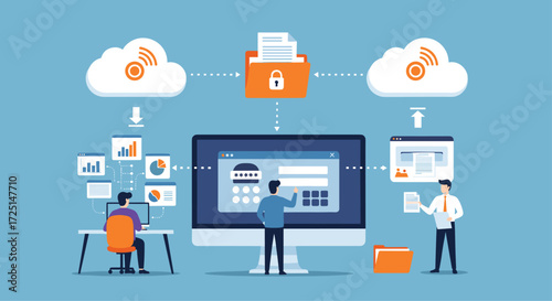 Modern cloud computing technology and digital business operations with people working collaboratively vector