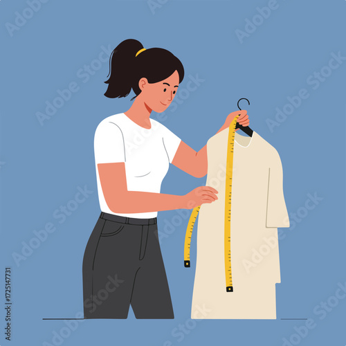 Woman measuring dress with tape measure on hanger against blue background