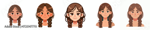 Vector Avatar of a woman's face with long hair in two braids, white skin, sweet expression
