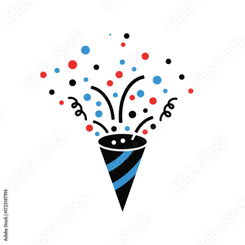 Confetti bursting from a striped popper