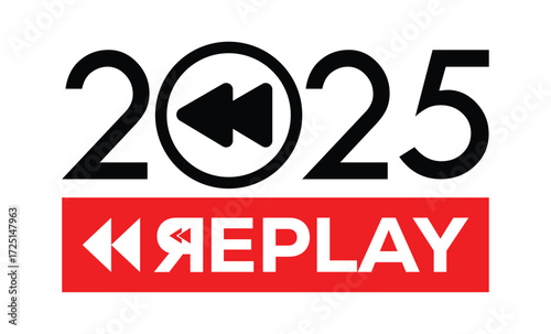 Minimalist 2025 logo design with bold black numerals above a red bar. White text "REPLAY" with rewind and play symbols inside. Clean, modern, flat graphic style on white background.