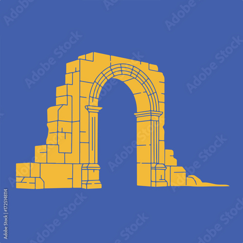 Yellow stone archway ruins on blue background, minimalist, simple illustration