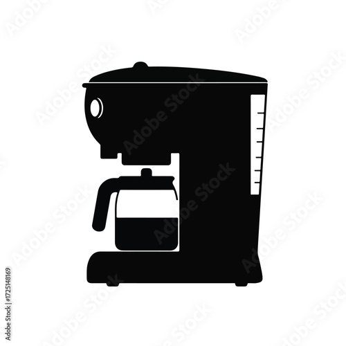 Black coffee maker, side view, with visible water level