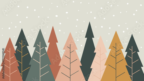 Stylized abstract minimalist forest with various colorful pine trees in a row against a light speckled background silhouette