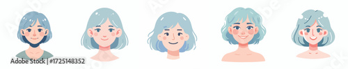 Vector Avatar of a woman's face with short hair colored pastel blue, light skin, cheerful expression