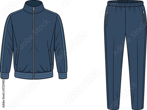 Unisex tracksuit set, zip up jacket with ribbed cuffs, matching pants with elastic waistband, fashion flat sketch, CAD apparel drawing