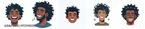 Vector Avatar of a man's face with curly hair, dark skin, laughing expression