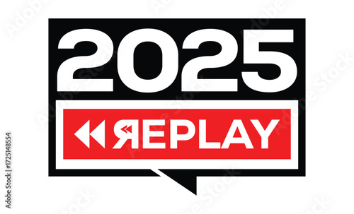 Minimalist 2025 logo design with bold black numerals above a red bar. White text "REPLAY" with rewind and play symbols inside. Clean, modern, flat graphic style on white background.