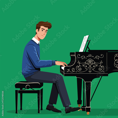 Man playing grand piano, wearing blue sweater, on green background