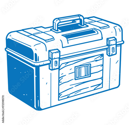 Blue line art illustration of a hard case toolbox with a handle and latches isolated on white background
