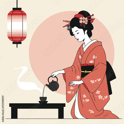 Geisha in kimono kneeling, pouring tea with a lantern background