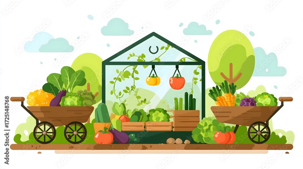 Obraz premium Farmers harvesting fresh vegetables in wheelbarrows and greenhouse