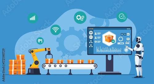 Modern factory automation with robotic arm and ai interface for industry 4.0 technology vector
