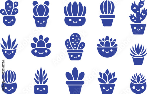 Adorable Blue Cartoon Cacti and Succulents in Pots