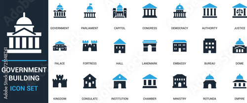 Flat government building icon set with parliament, capitol, justice, embassy, and palace symbols. Perfect for politics, law, history, education, and civic design projects.