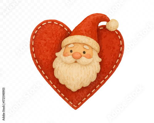 Red felt heart ornament with stitched edges, featuring a Santa Claus face with white beard and festive hat, cozy handmade Christmas holiday decoration. Watercolor vector illustration.